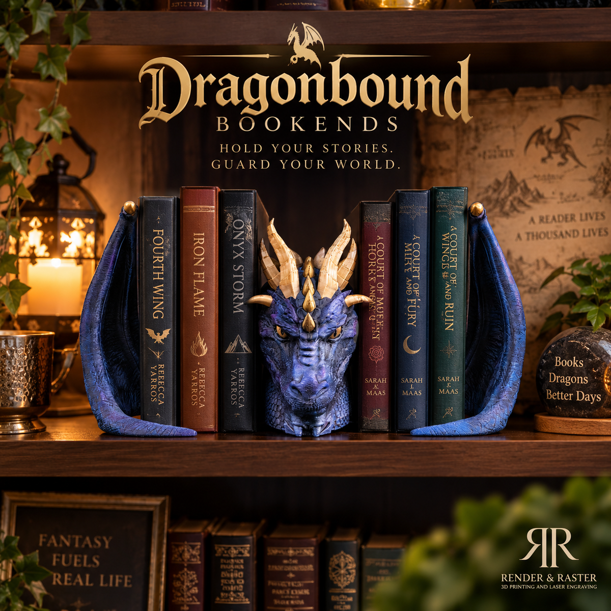 Dragonbound fantasy dragon bookends displayed on a bookshelf