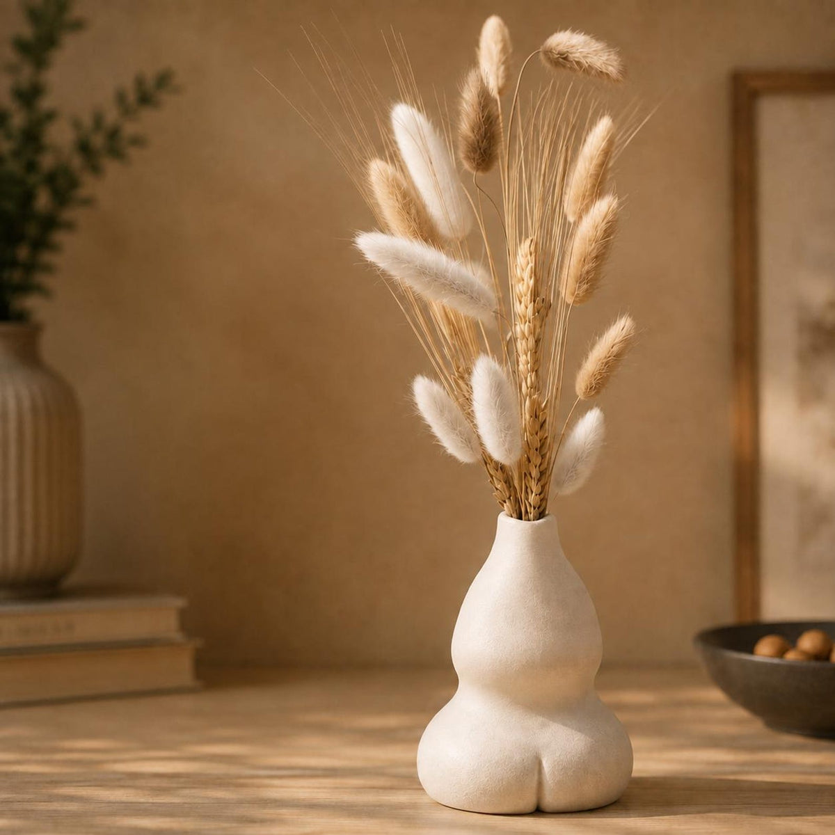 Embrace sculptural vase with dried florals, rear view of the hips