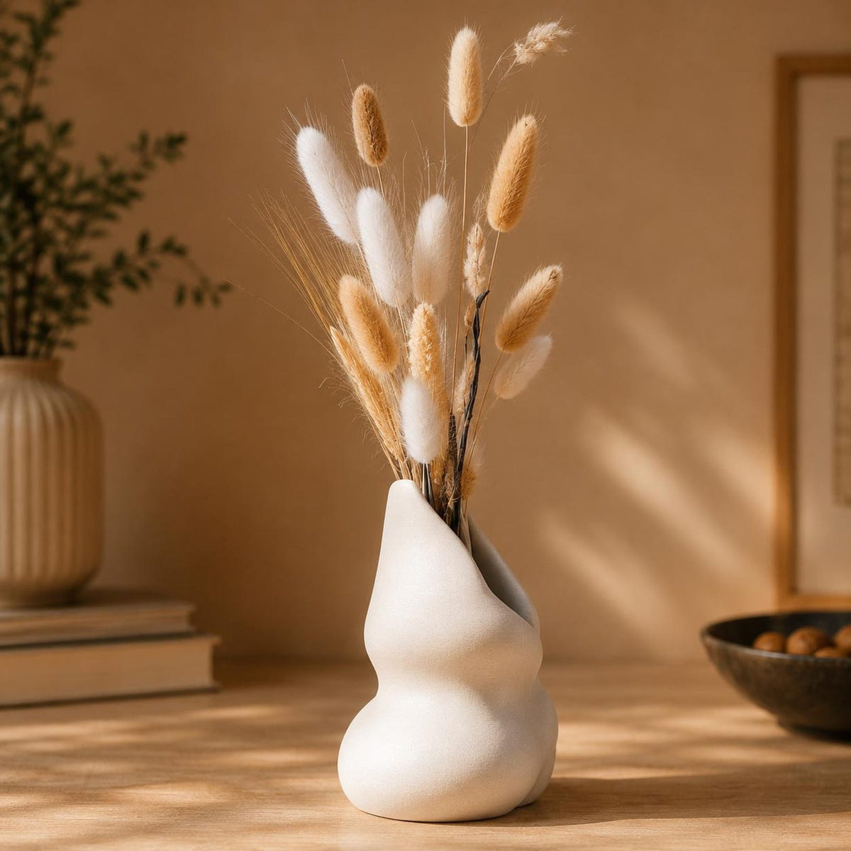 Embrace vase with dried stems, side view of the wrap-like opening