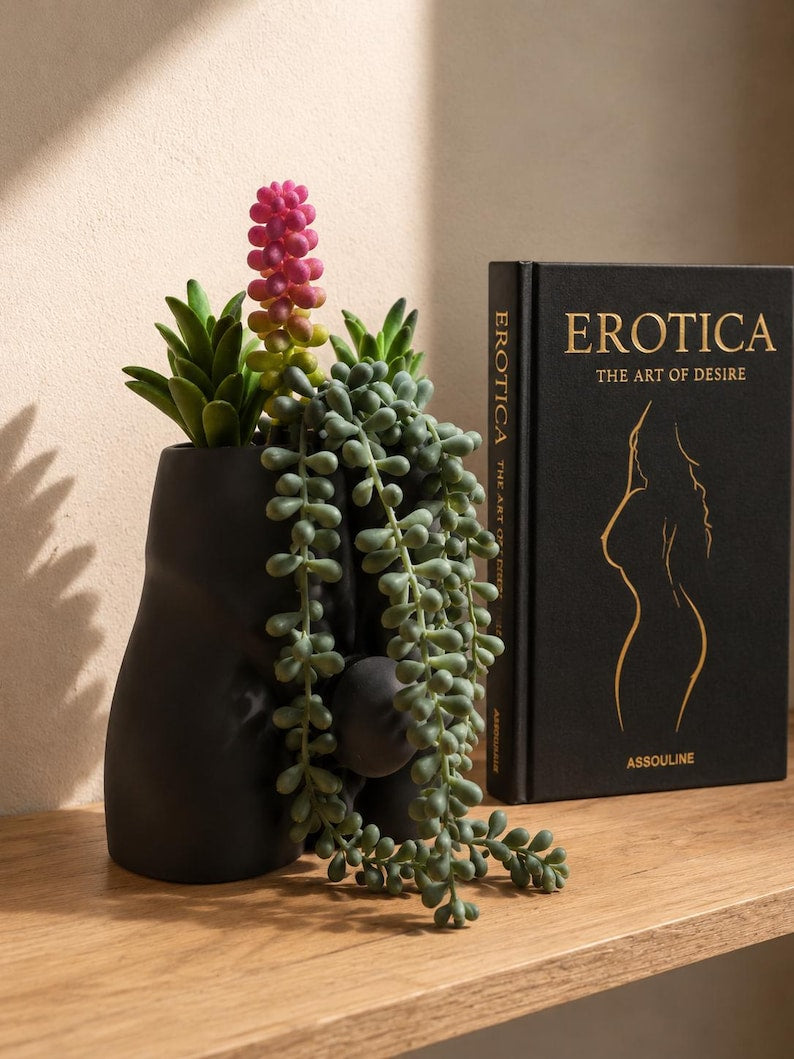 Black Good Morning Wood planter with succulents on a wooden shelf