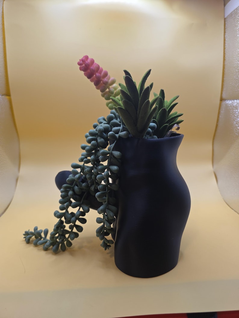 Black Good Morning Wood planter with string-of-pearls plant, front view