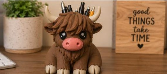 Hamish Highland Cow pen holder on a desk