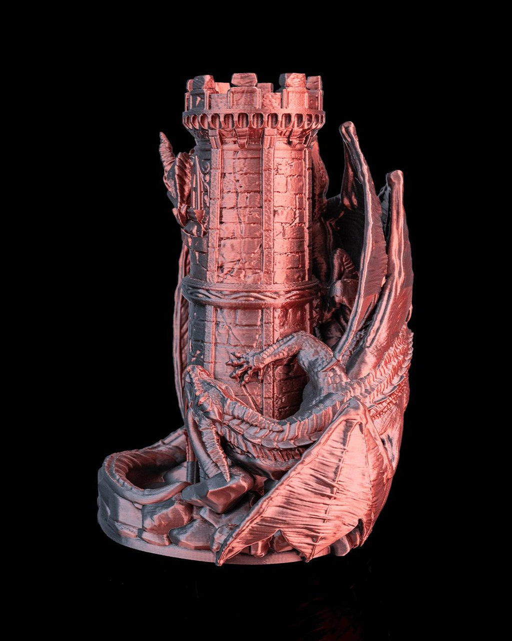 Twin Fate dragon dice tower in copper and gray, front view