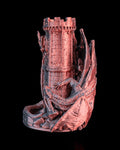 Twin Fate dragon dice tower in copper and gray, front view