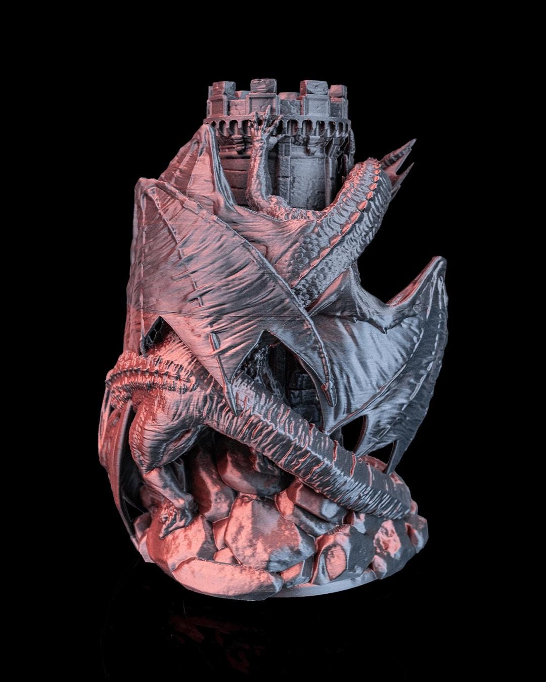 Twin Fate dice tower in copper and gray, angled back view