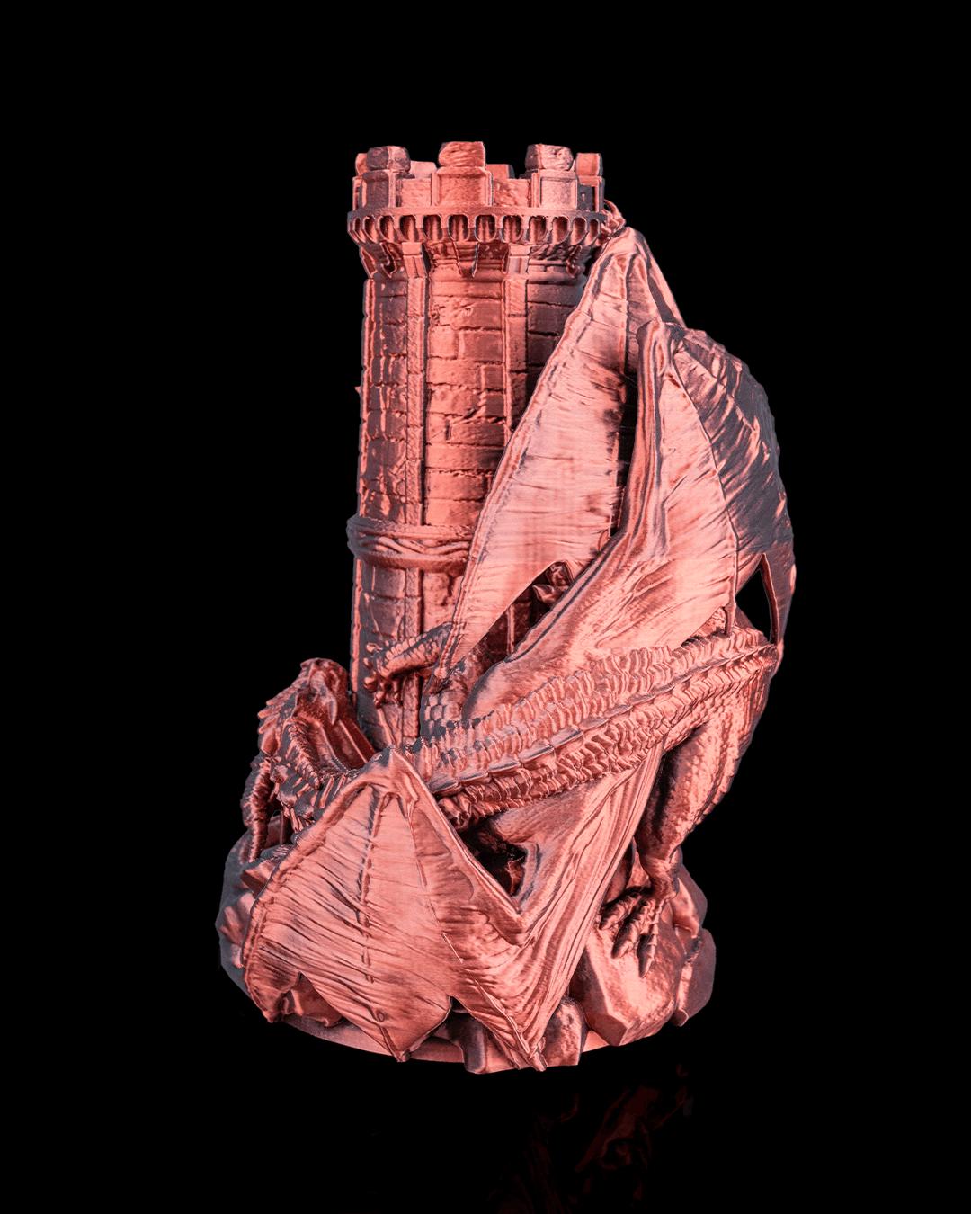 Twin Fate dice tower showing a dragon wrapped around the castle, side view