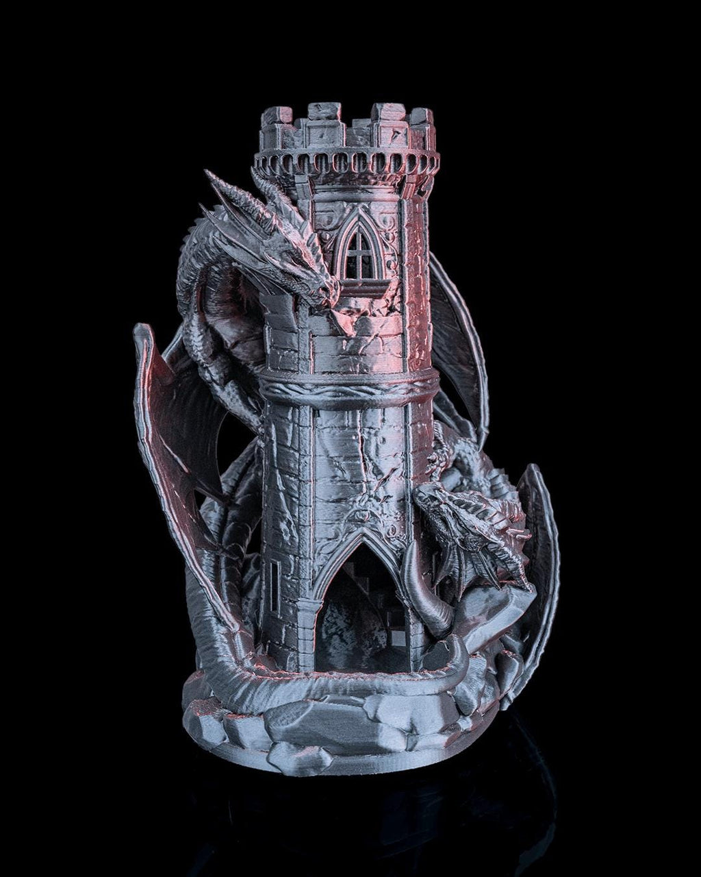 Twin Fate dice tower in silver, front view