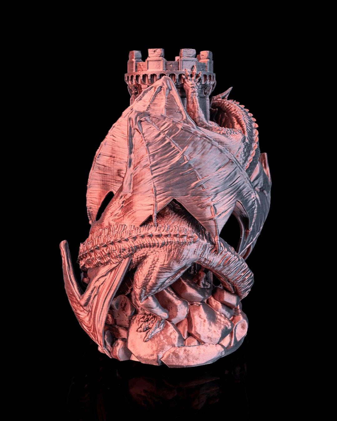 Twin Fate dice tower, back view of the dragon wings