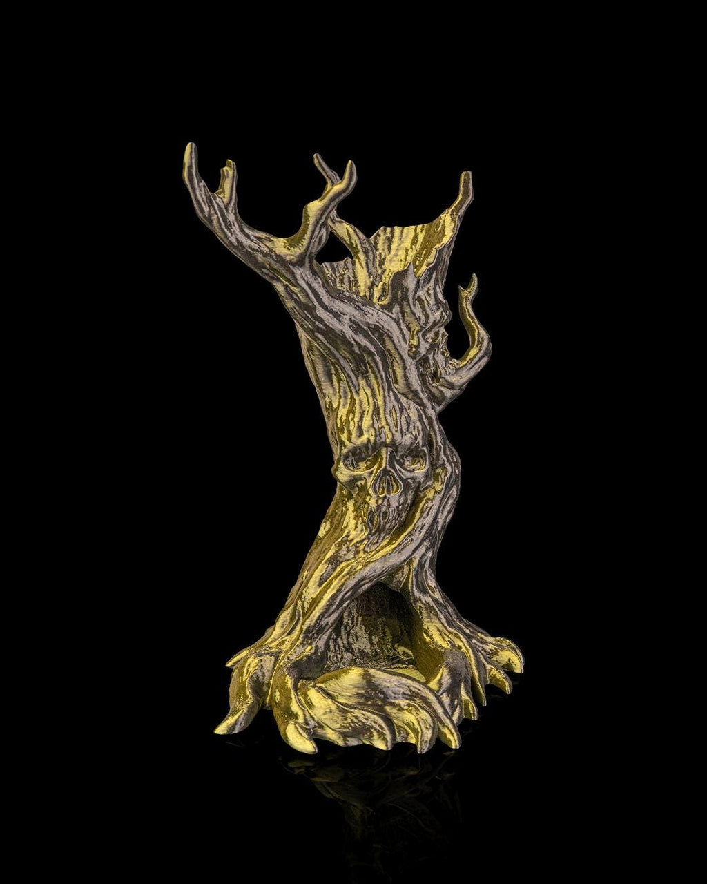 The Dreadwood dice tower in gold and bronze, angled view