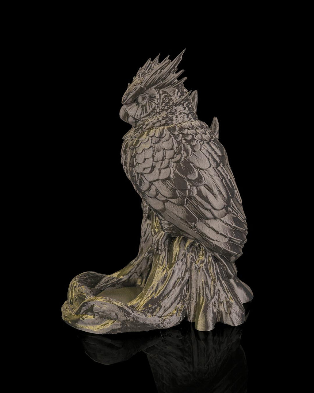The Omen Owl dice tower in dark bronze, side view