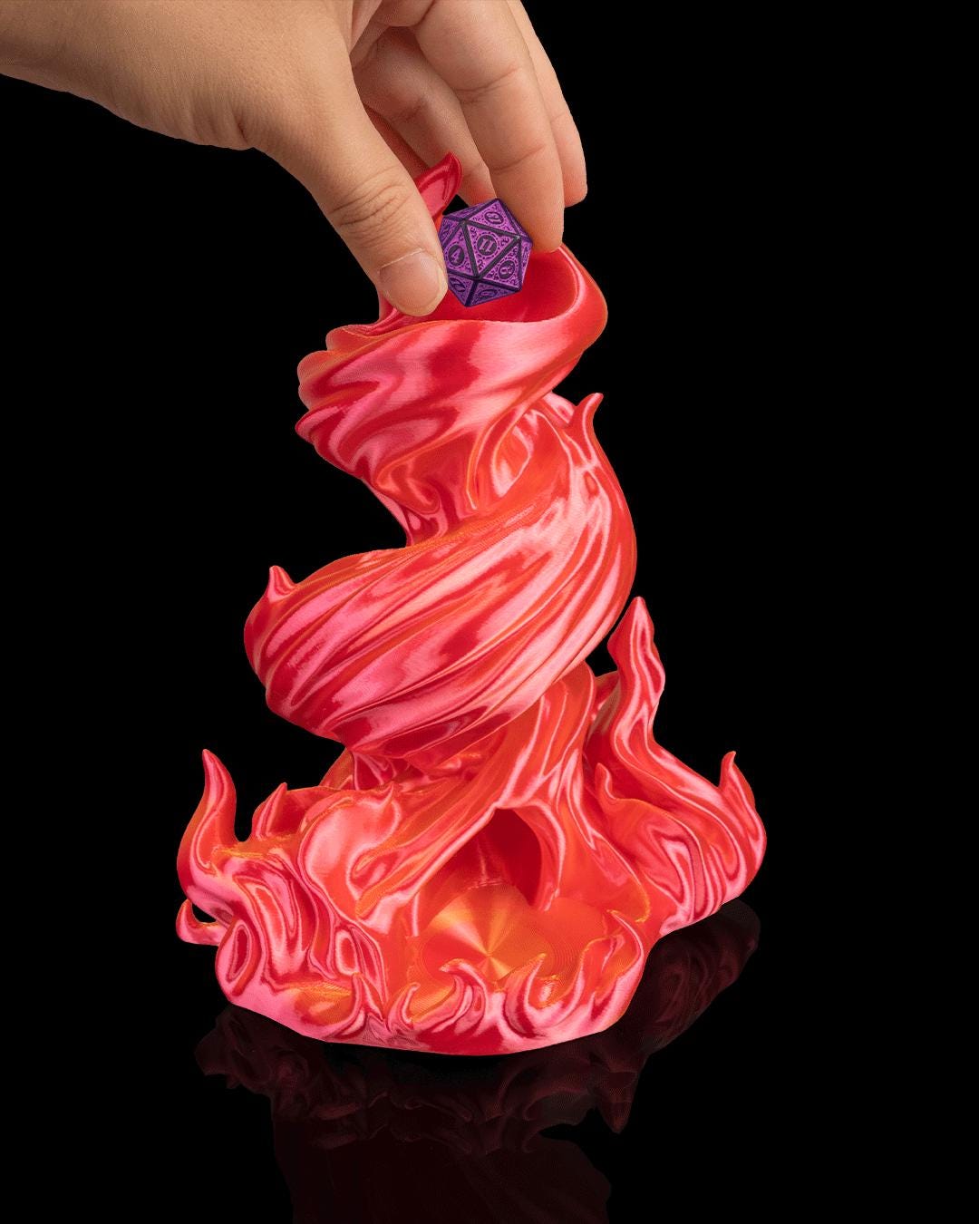 Hand dropping a d20 into the top of the Burning Roll dice tower