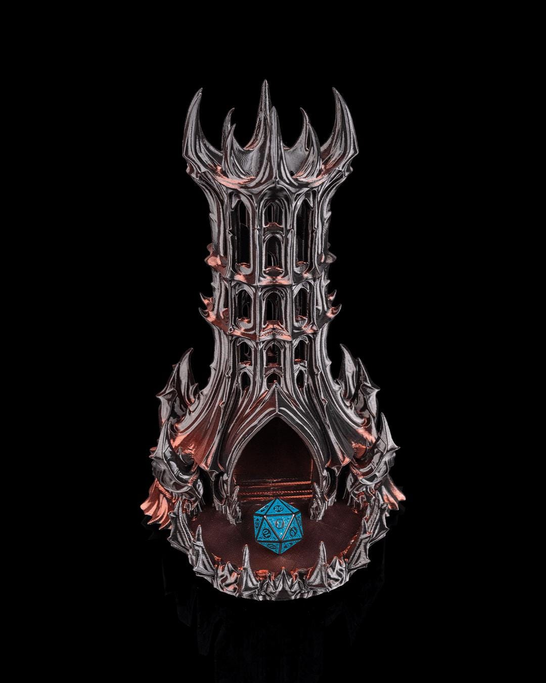Obsidian Citadel dice tower with a blue d20 resting in the base tray