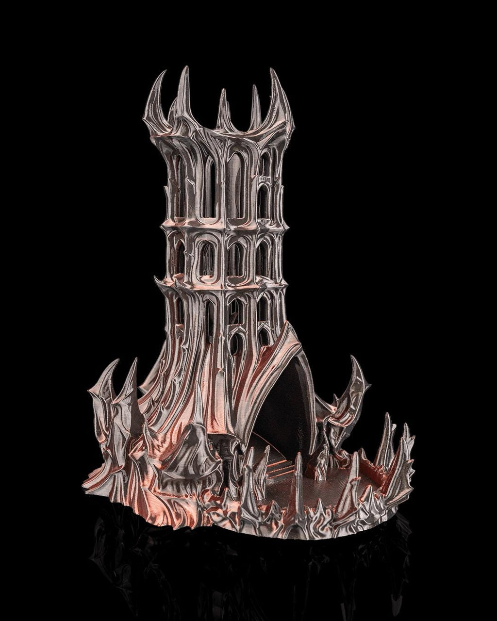 Obsidian Citadel gothic dice tower in metallic silver and copper, front view