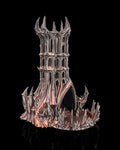 Obsidian Citadel gothic dice tower in metallic silver and copper, front view