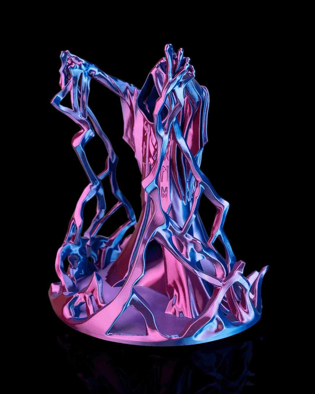 Behold the Wizard dice tower in pink and blue, front view