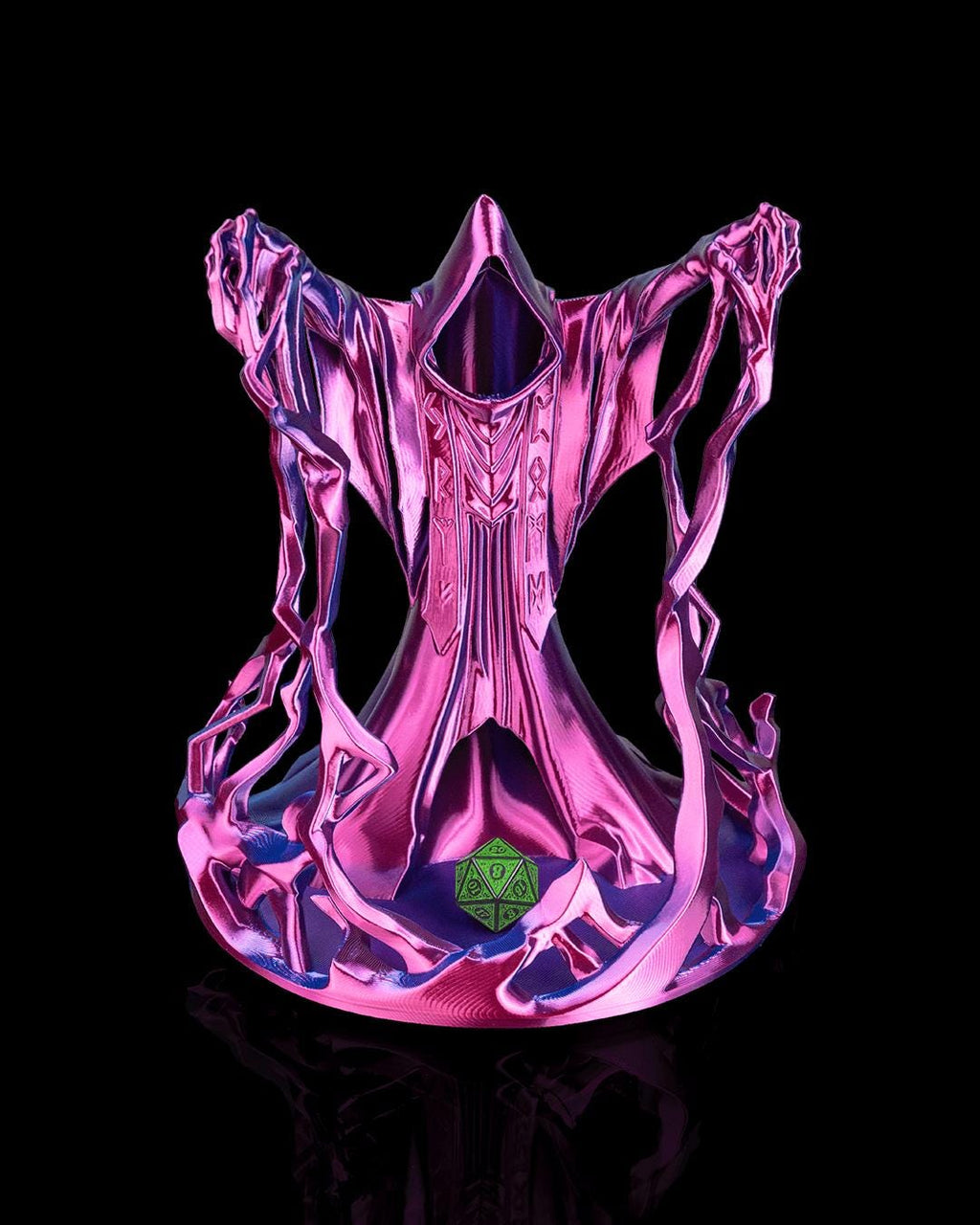Behold the Wizard dice tower in pink with a green d20 at the base