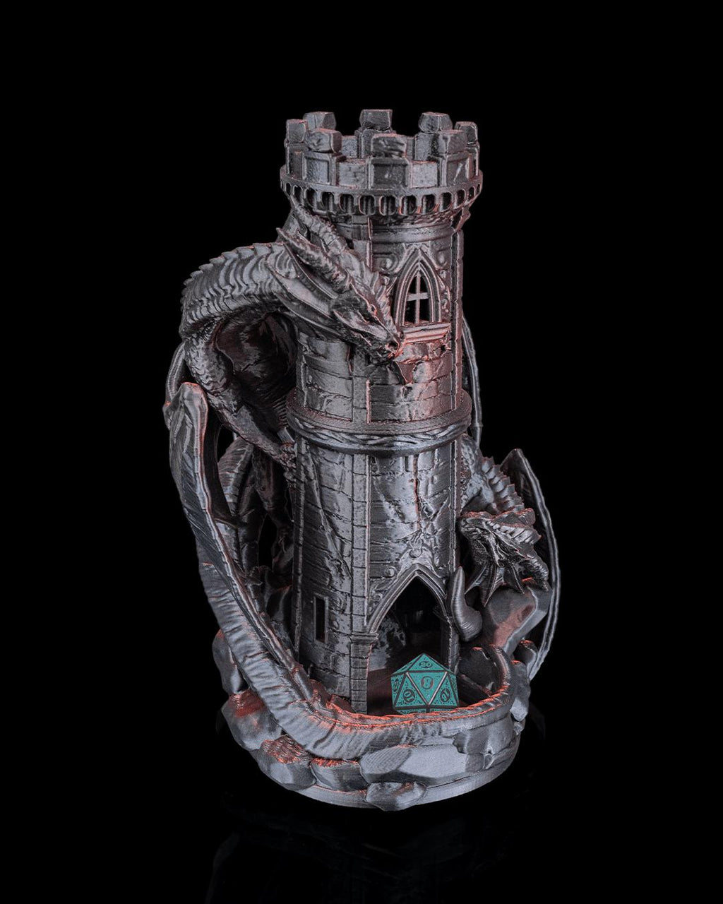 Twin Fate dice tower in gray with a die at the gate