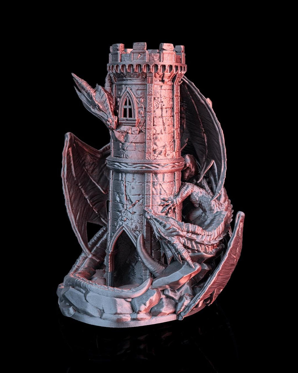 Twin Fate dice tower in copper, front view