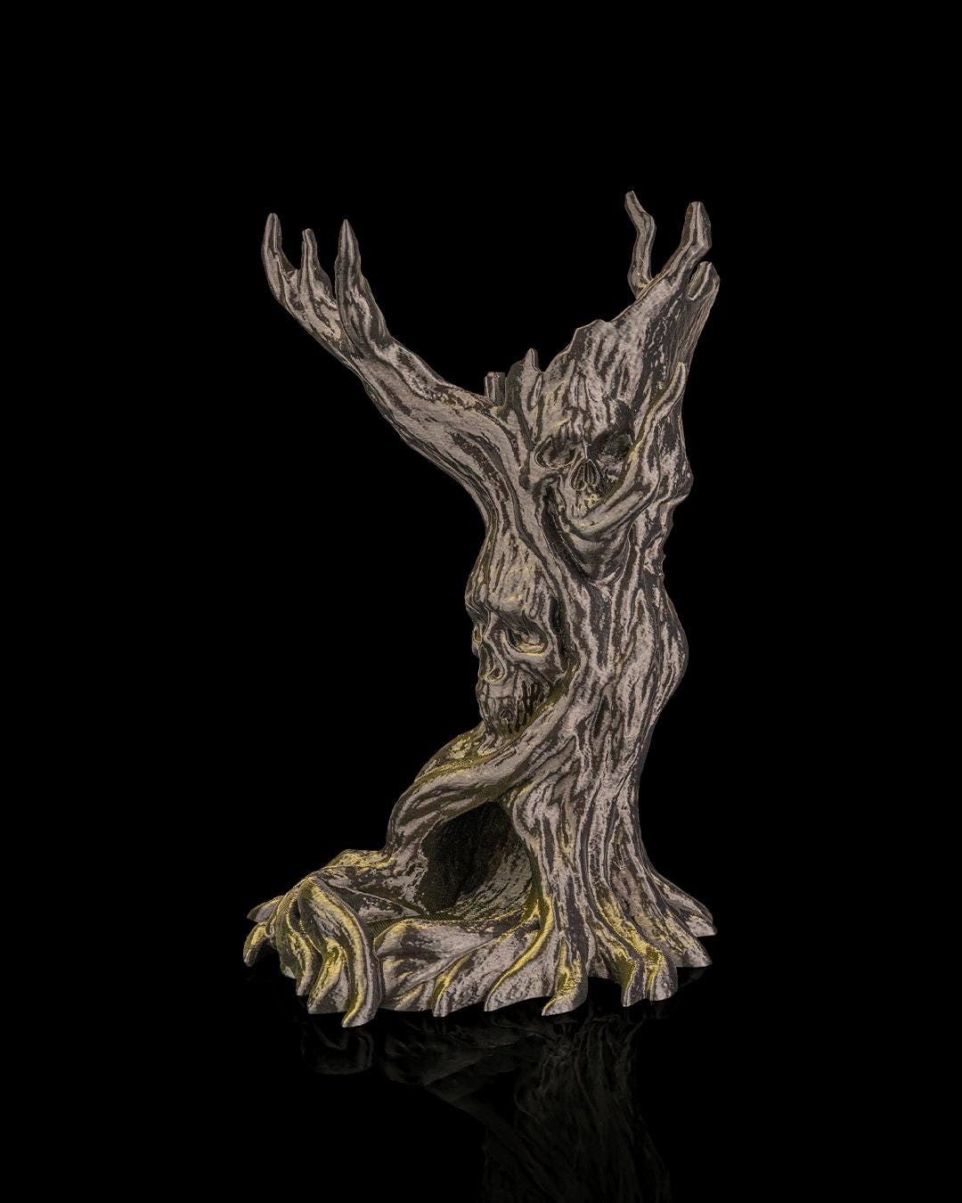 The Dreadwood haunted tree dice tower in bronze, front view showing the face in the bark