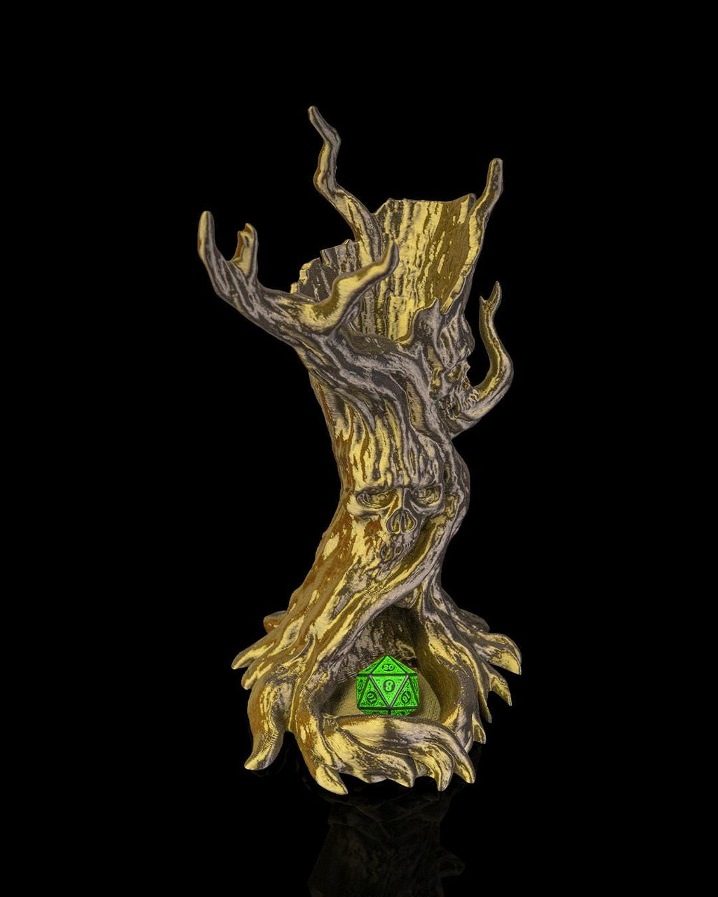 The Dreadwood dice tower in gold with a green d20 in the base