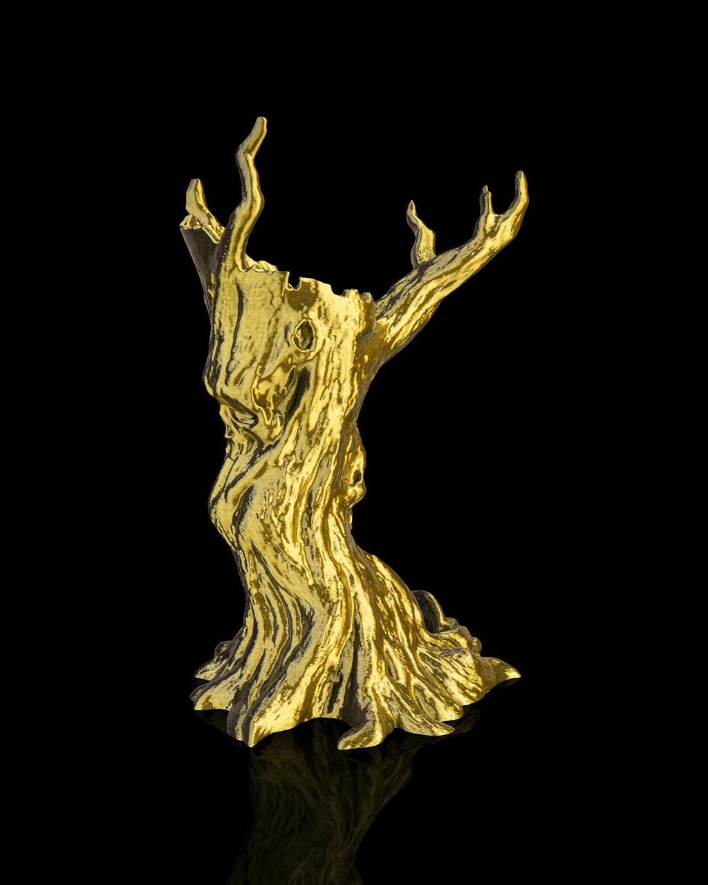 The Dreadwood dice tower in gold, angled back view of the branches