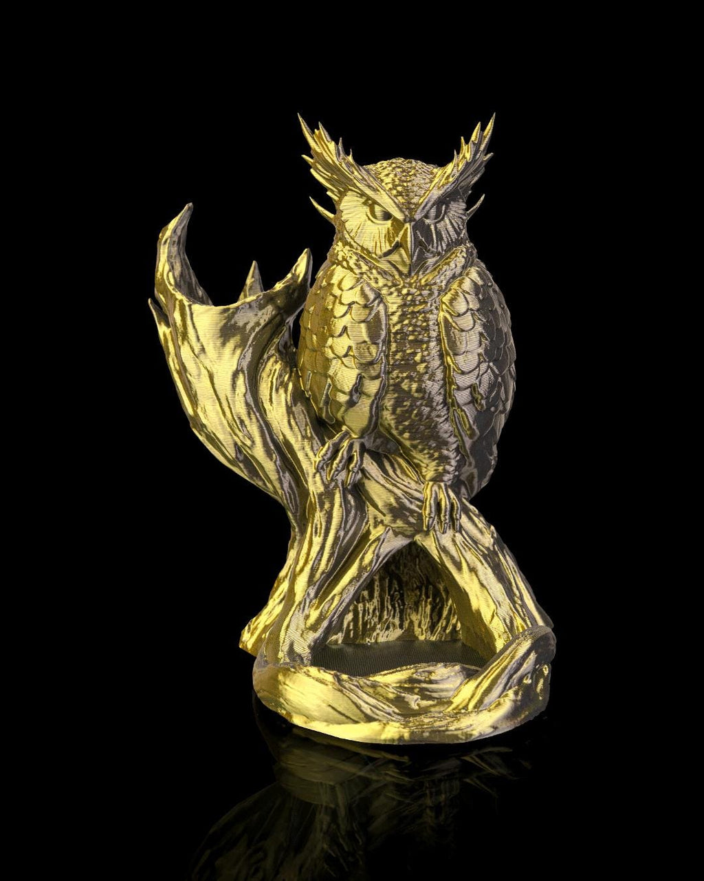 The Omen Owl dice tower in gold, front view