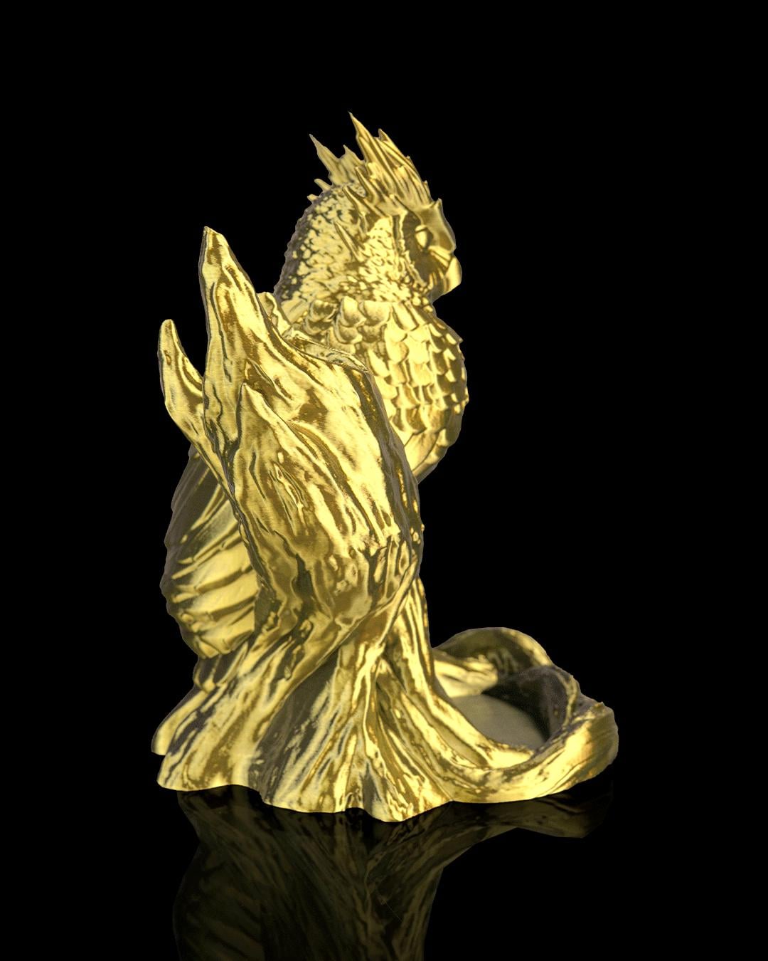 The Omen Owl dice tower in gold, side profile