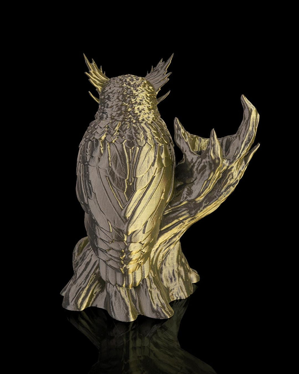 The Omen Owl dice tower in dark bronze, back view