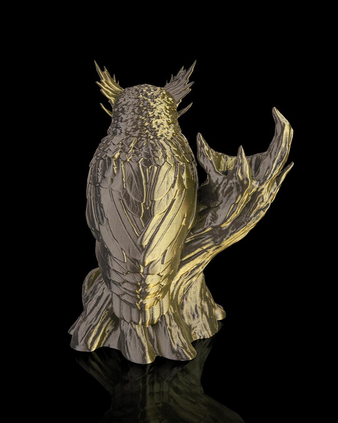 The Omen Owl dice tower in dark bronze, back view