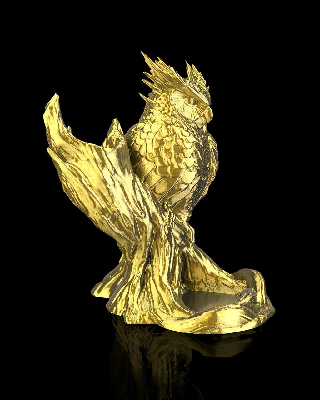 The Omen Owl dice tower in gold, angled side view