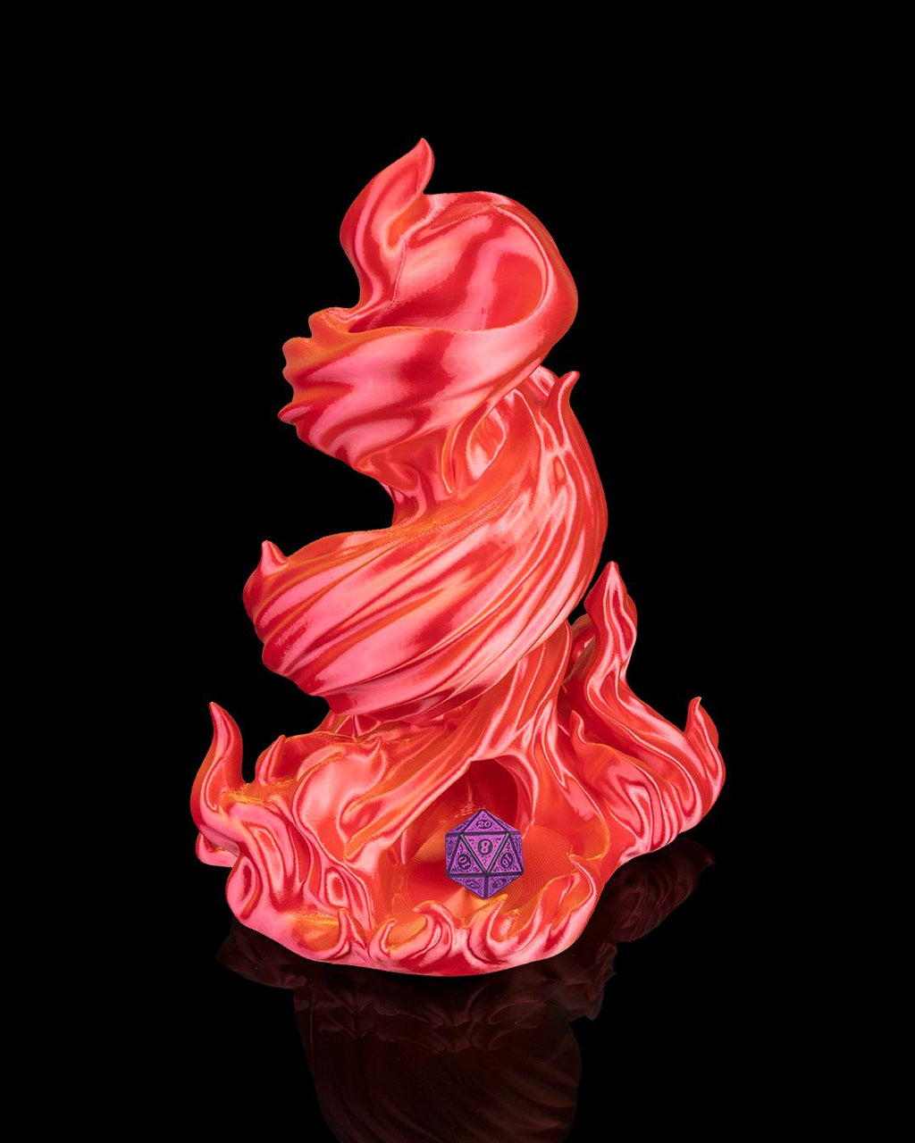 Burning Roll flame-spiral dice tower in red and orange with a purple d20 in the tray