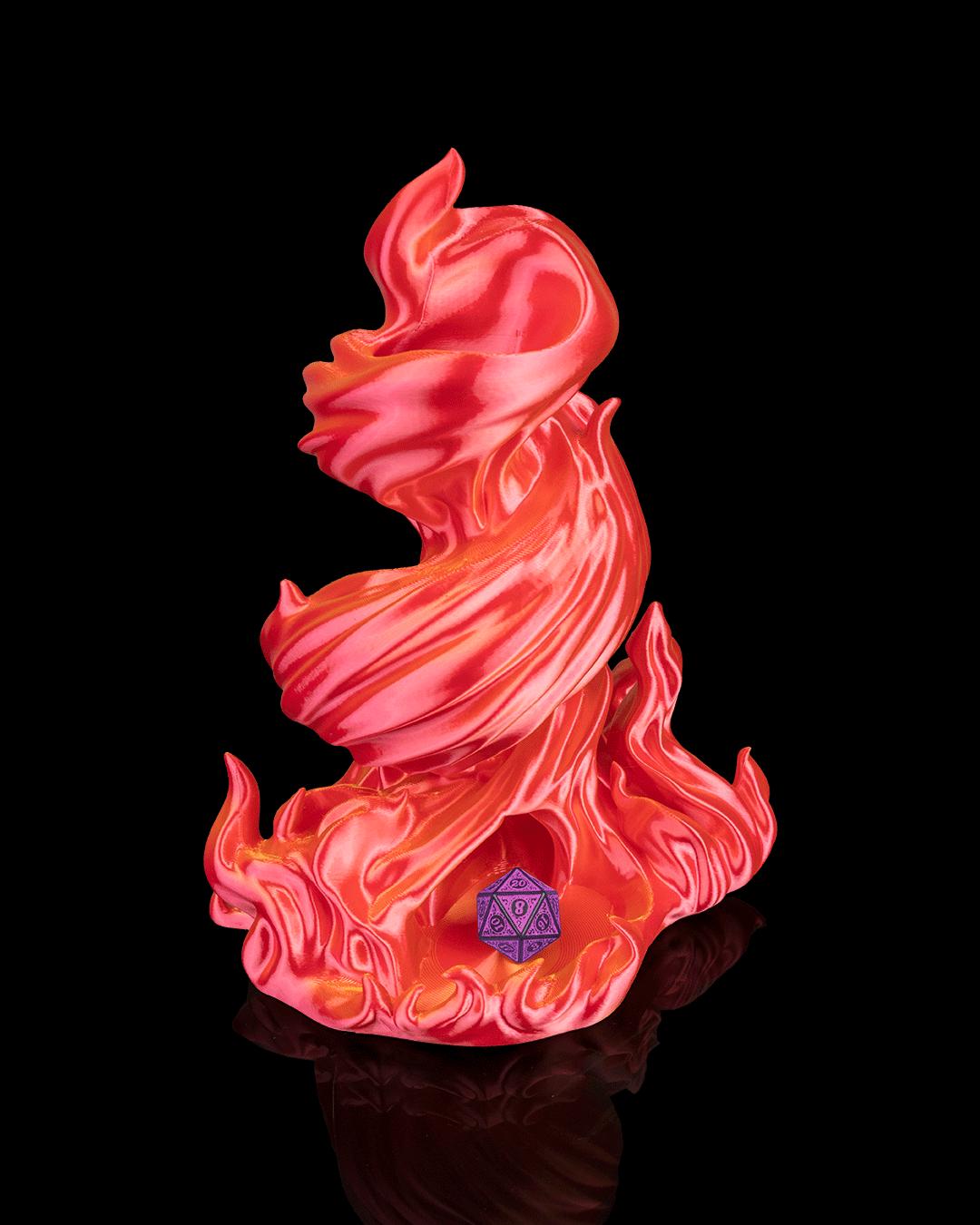 Burning Roll flame-spiral dice tower in red and orange with a purple d20 in the tray