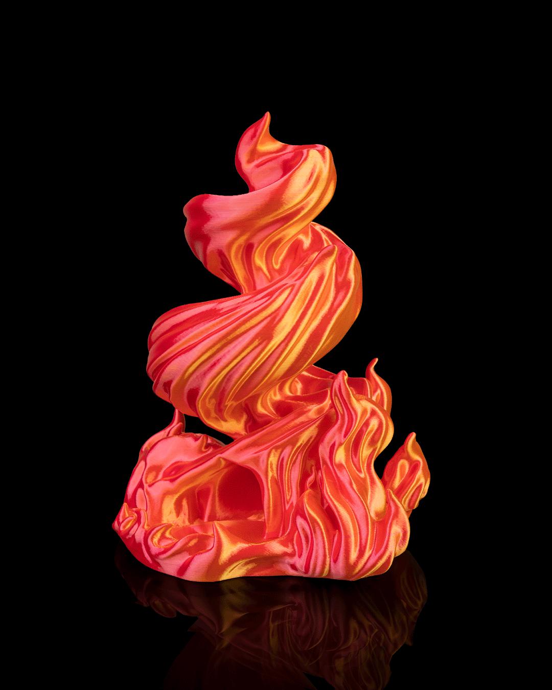 Burning Roll flame dice tower in red and gold, angled view