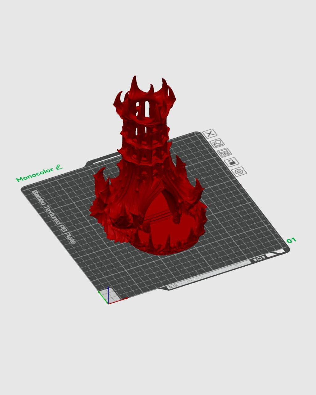 Obsidian Citadel dice tower 3D model shown on a slicer print bed