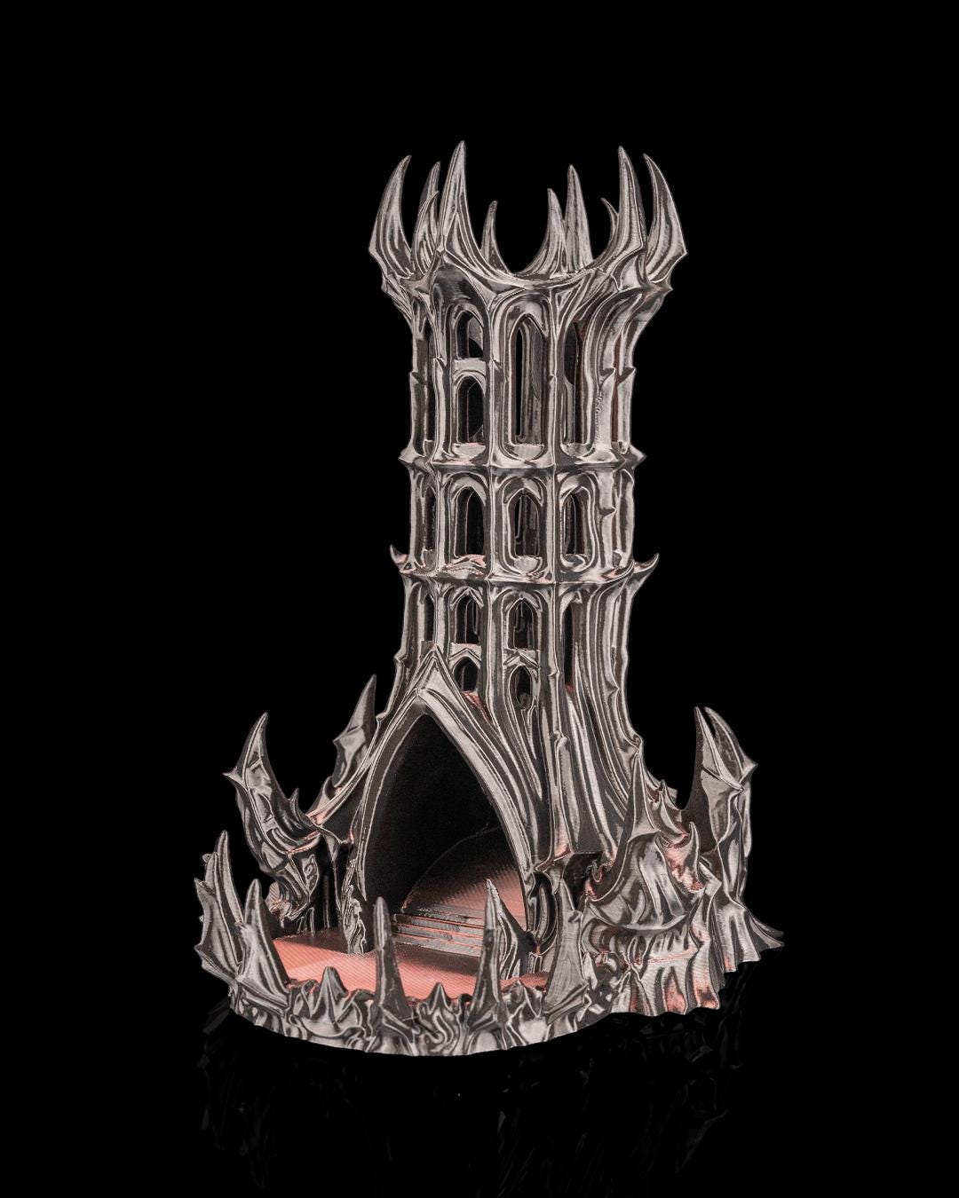 Obsidian Citadel dice tower, angled view of the spires
