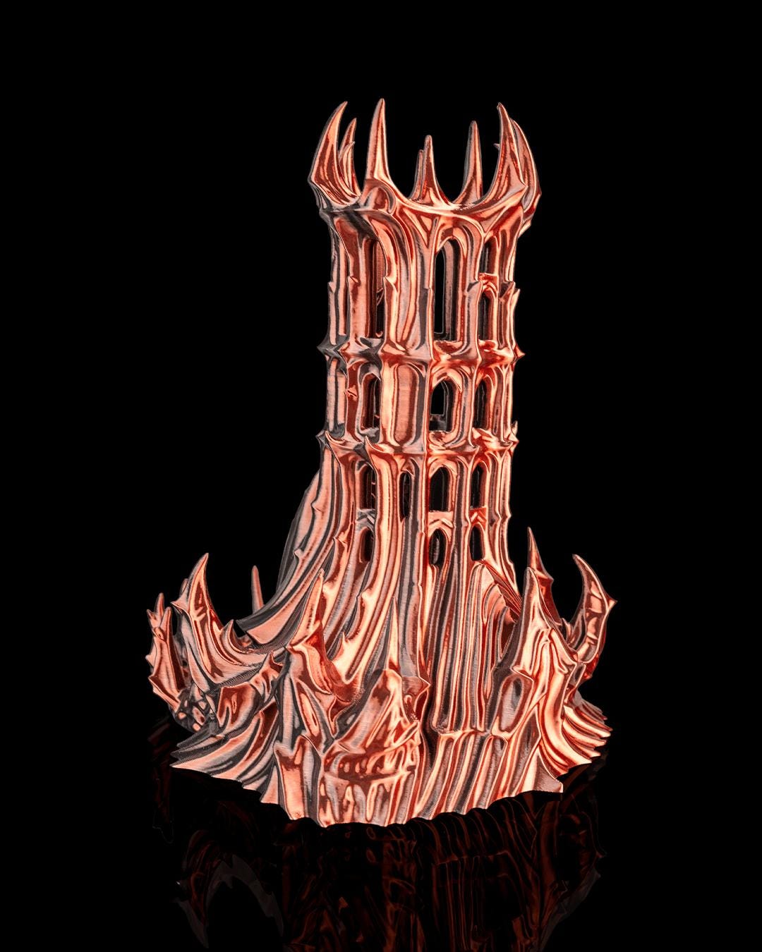 Obsidian Citadel dice tower in copper, angled view