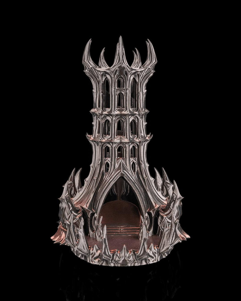Obsidian Citadel dice tower showing the arched exit and spiked base