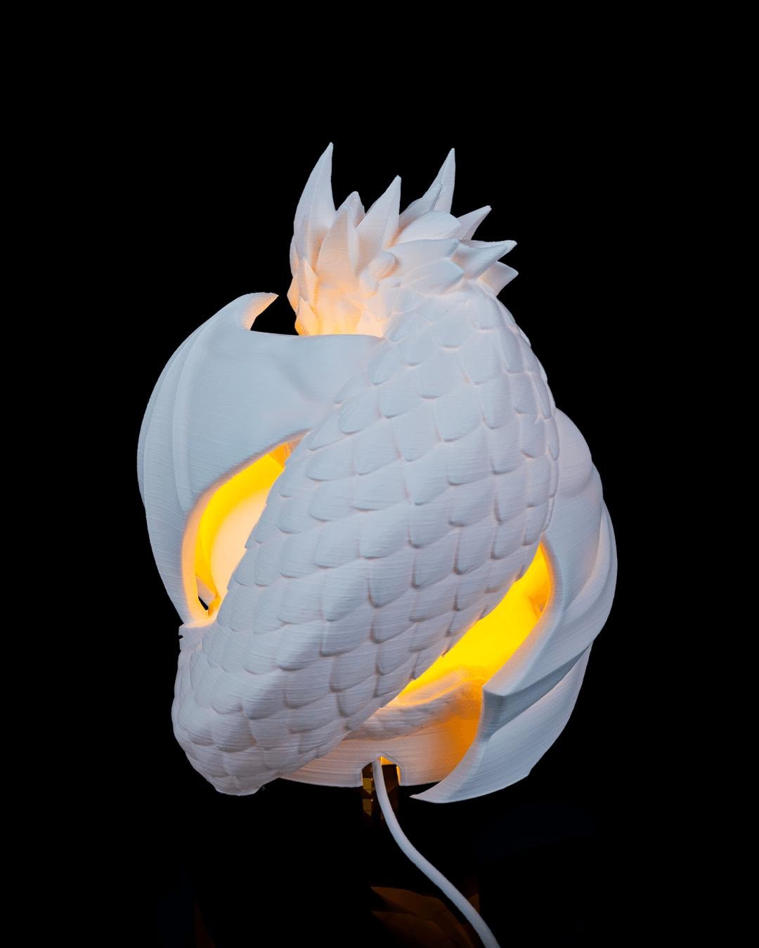 Dragon sphere lamp lit, back view showing the scales