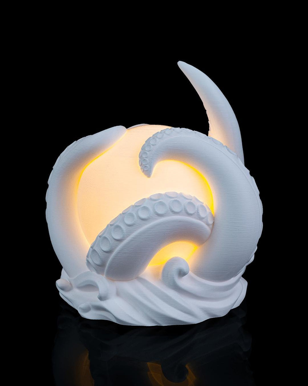 Kraken sphere lamp lit, side view of the curling tentacles