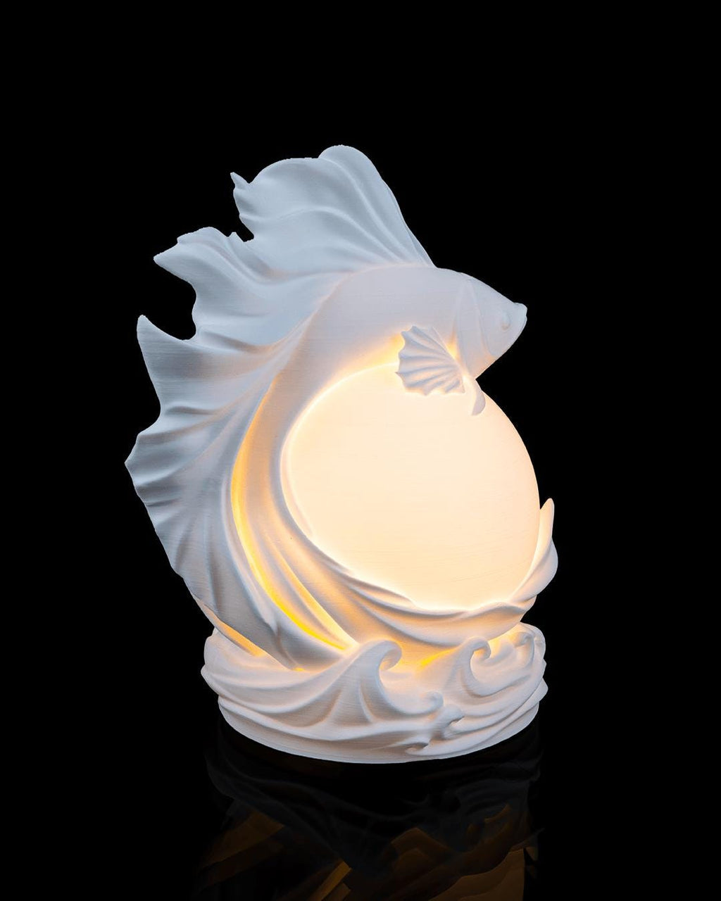Betta fish sphere lamp lit, angled view of the flowing fins