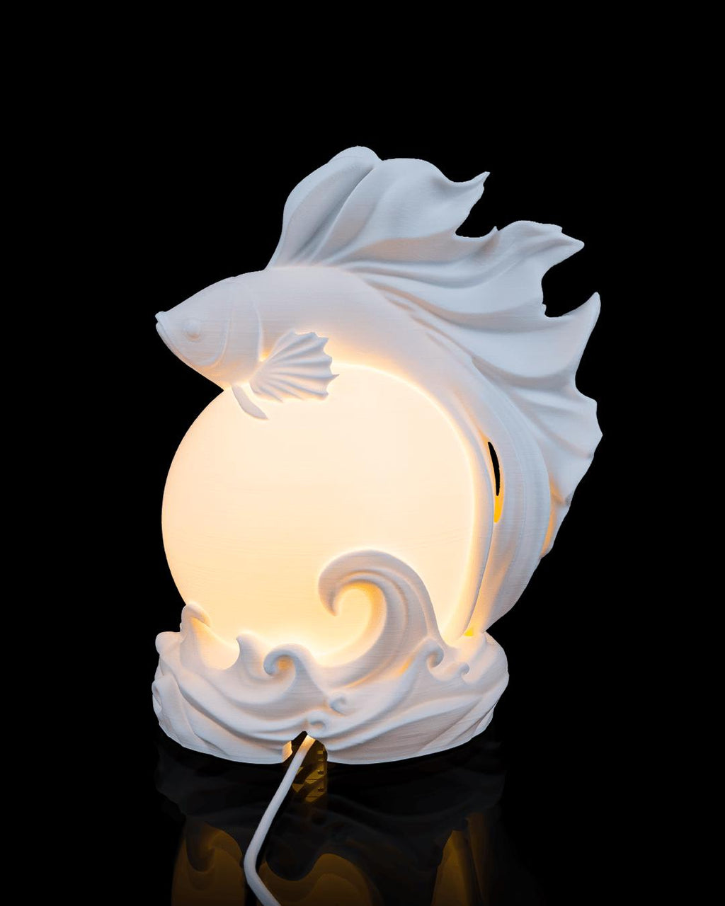 Betta fish sphere lamp lit, back view with power cord