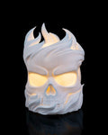 Skull sphere lamp lit, front view with glowing eyes