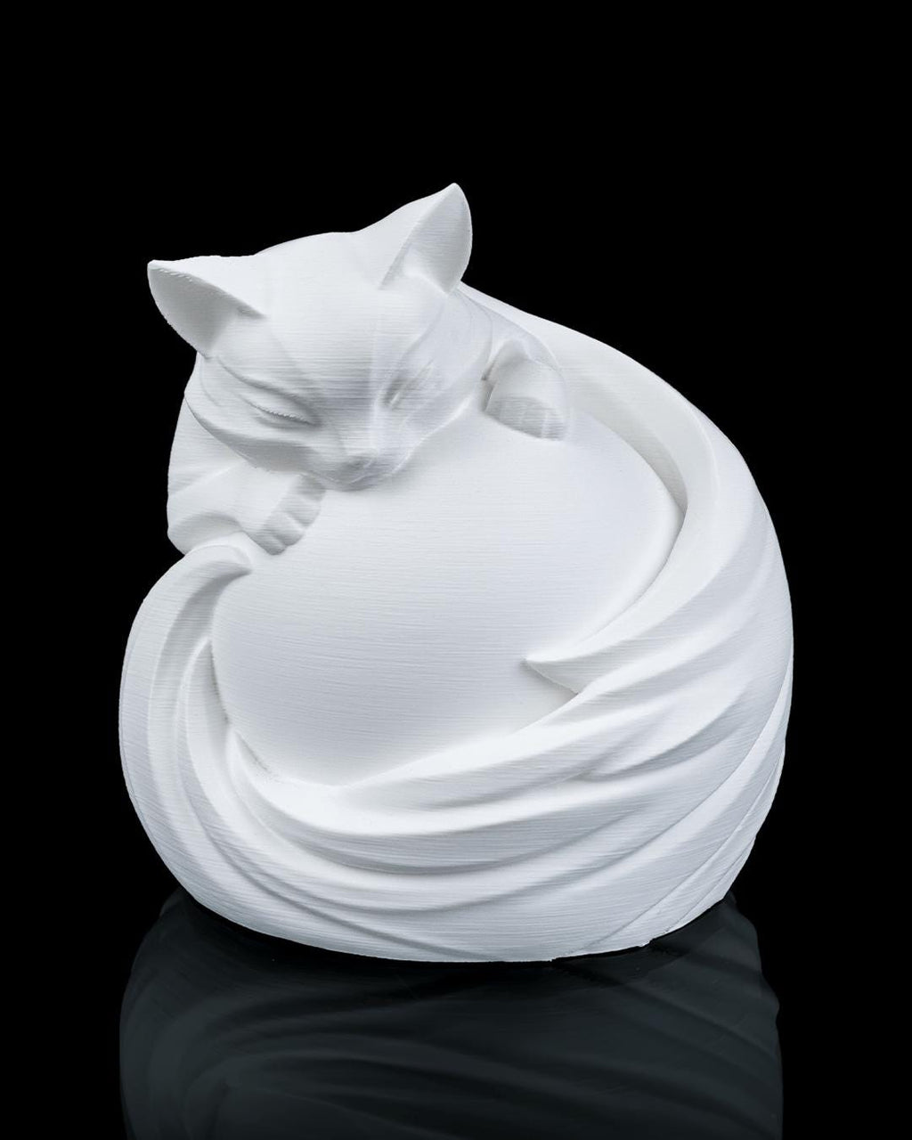 Feline sphere lamp unlit in white, front view of the sleeping cat
