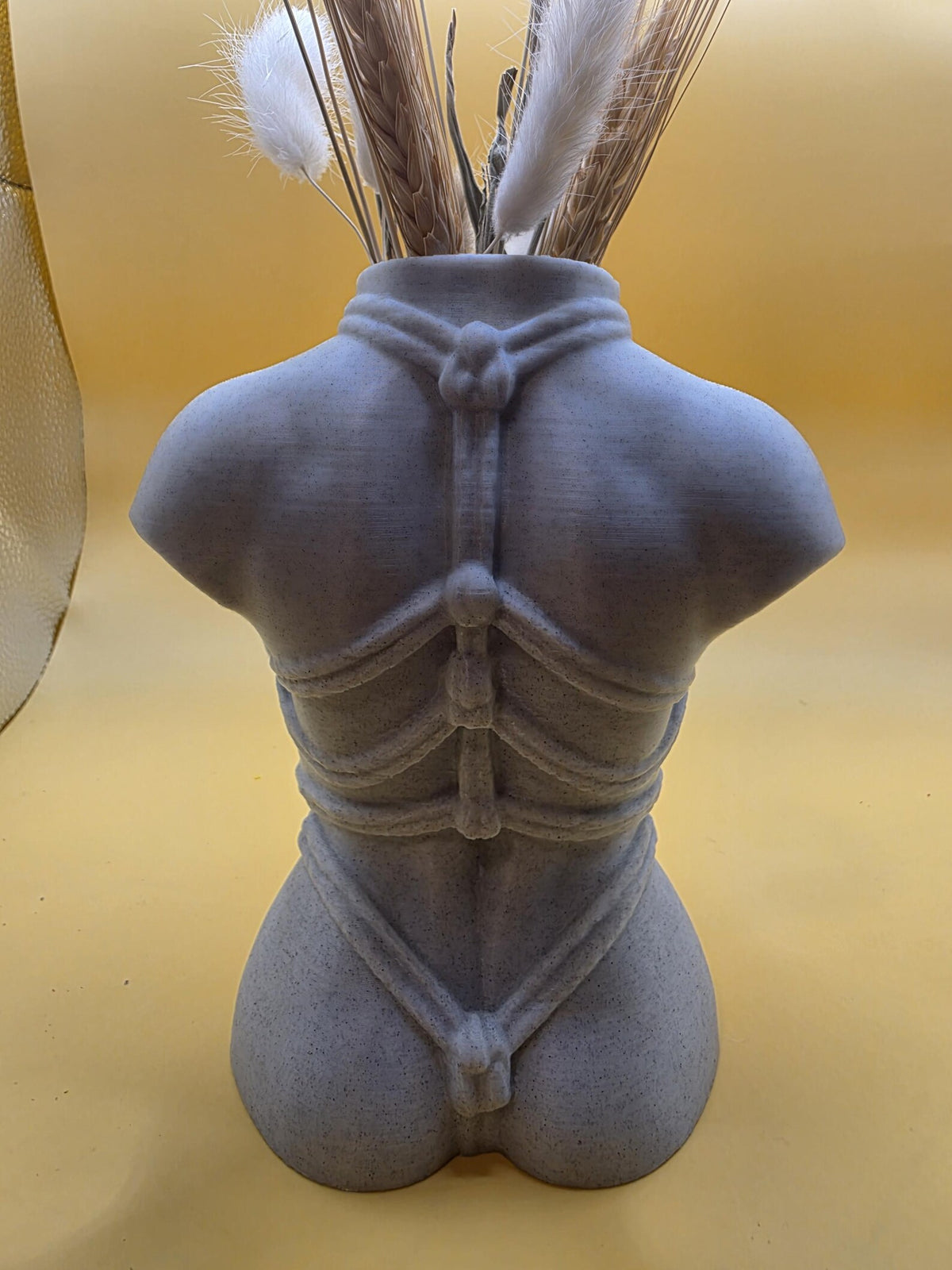 Gray Knotty Girl vase front view showing rope-knot detailing