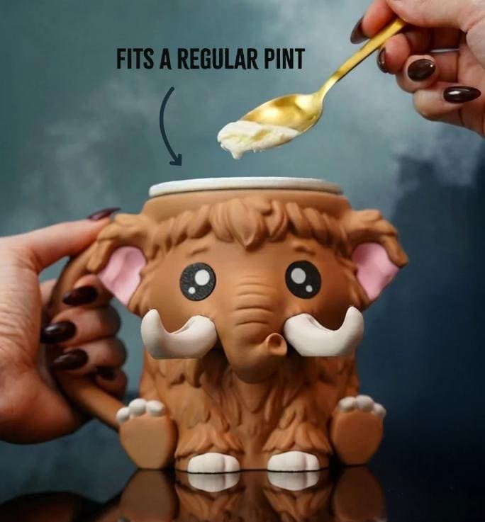 Brown Mammuel the Mammoth holder fits a regular pint, shown with ice cream and a spoon