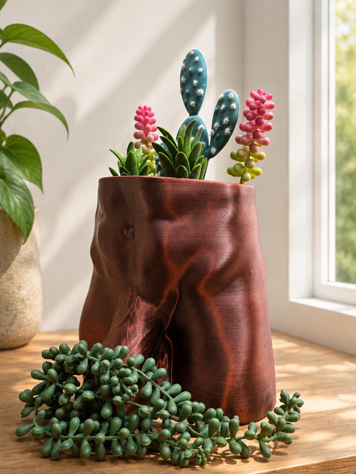 Copper Monster Dong planter with succulents in a bright window setting