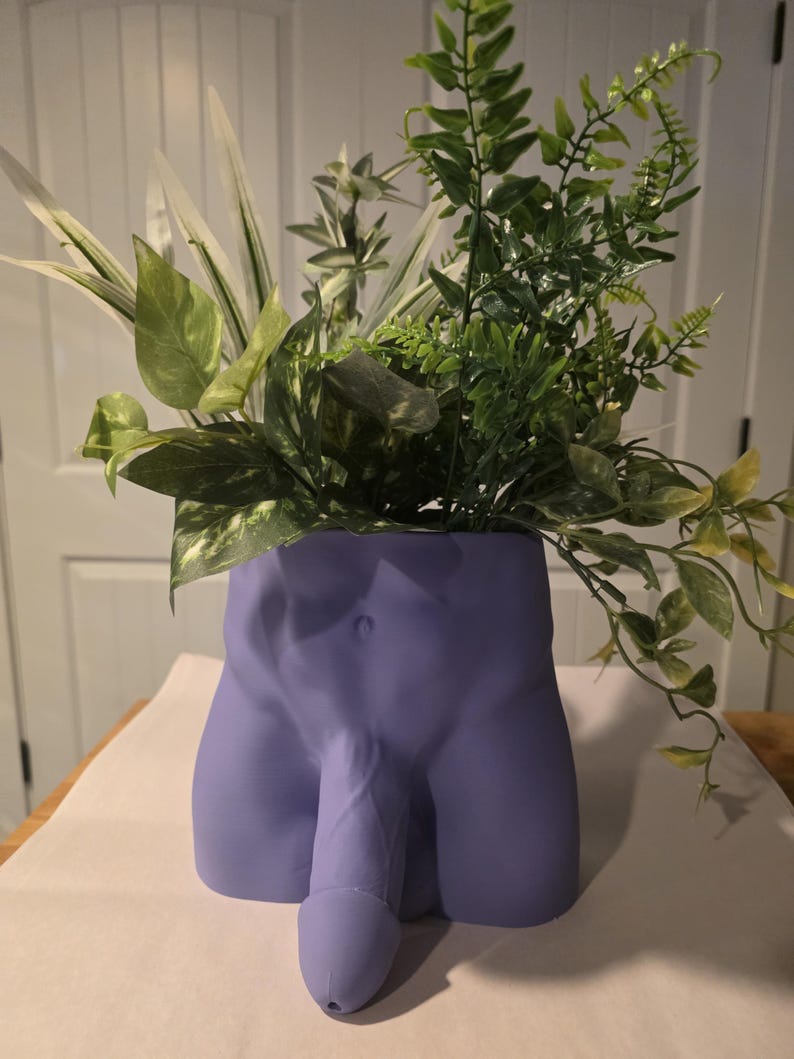 Lavender Monster Dong planter with greenery
