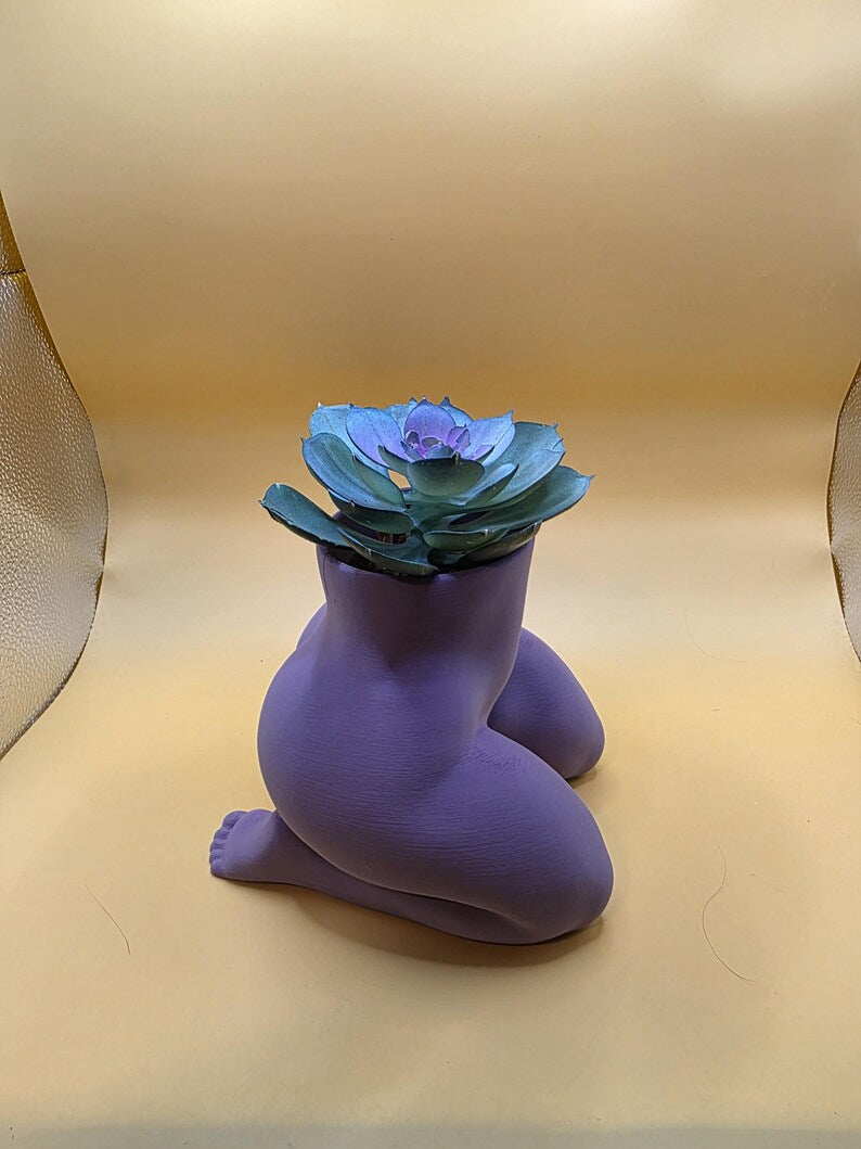 Purple Mrs. Gray planter with a succulent, side view