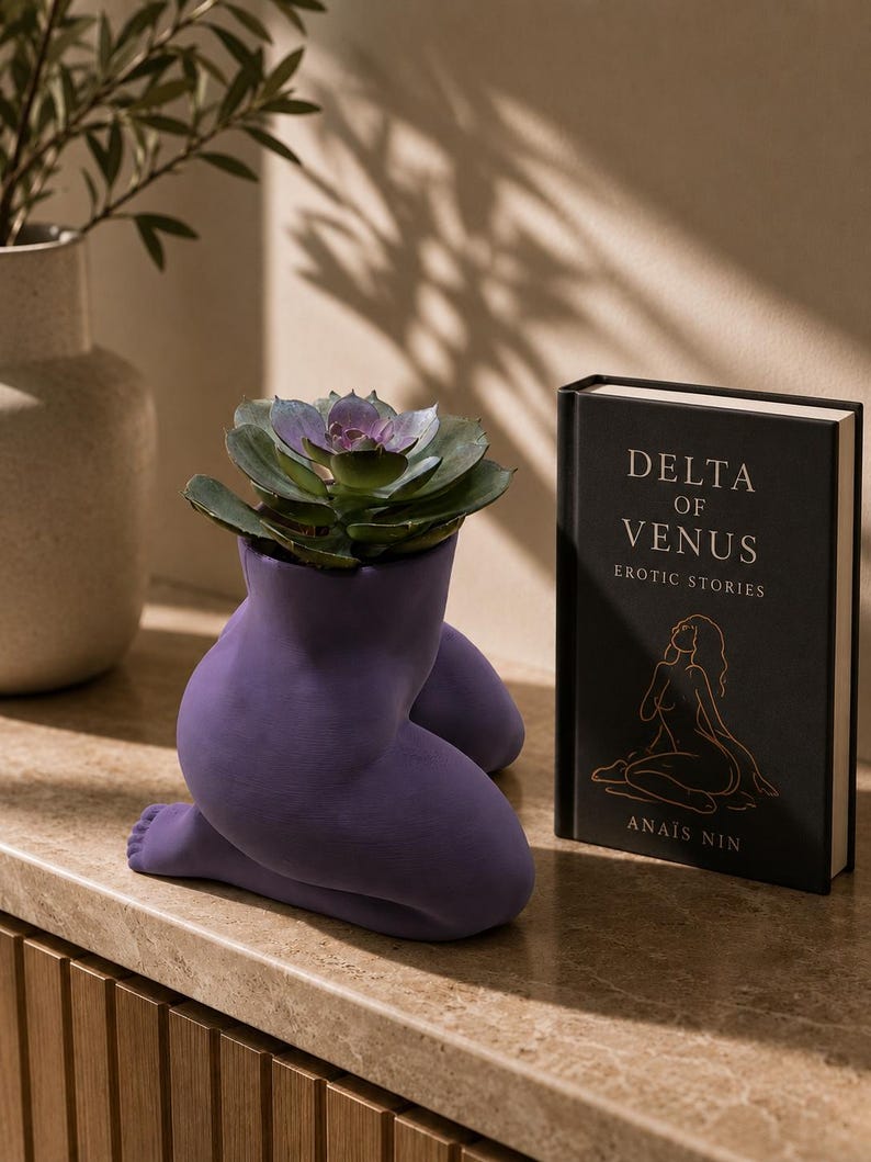 Purple Mrs. Gray kneeling planter with a succulent next to a Delta of Venus book