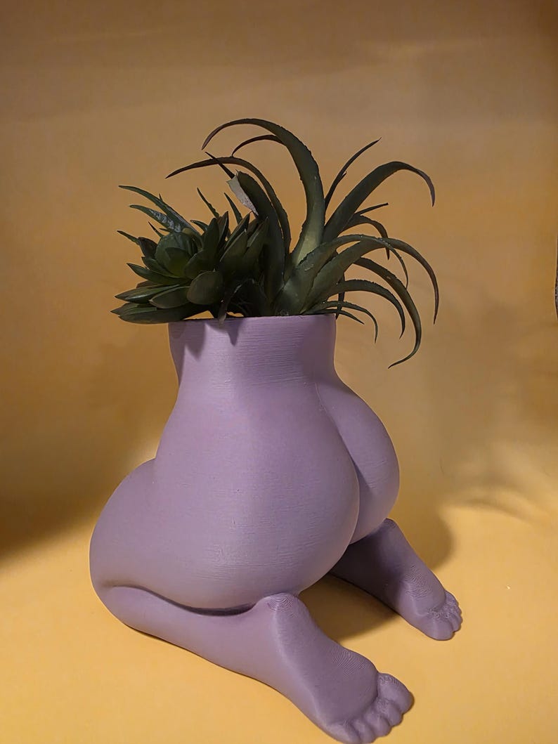 Lavender Mrs. Gray planter with succulents, rear three-quarter view